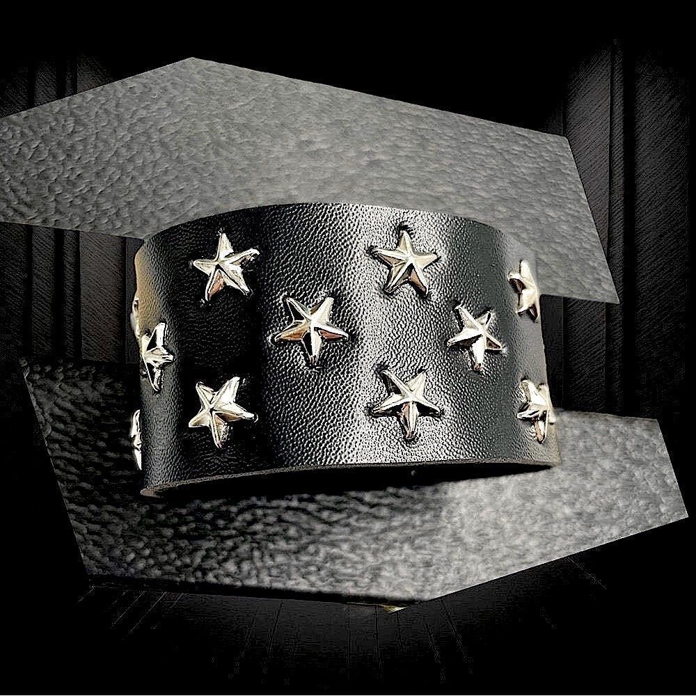 Unisex l Black Leather Silver Star Wristband l Bracelet l New